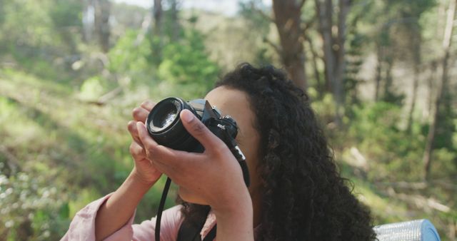 Woman Photographing Nature with Camera in Forest - Download Free Stock Images Pikwizard.com