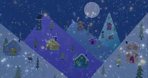 Magical Winter Night with Snow-Covered Houses and Decorations