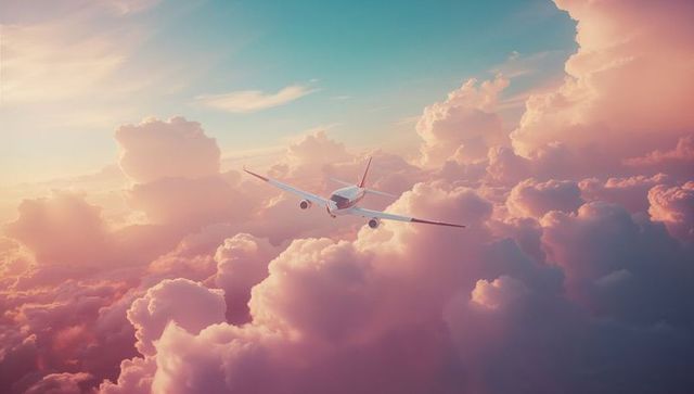Airplane soaring over pink clouds drenched with dawn light