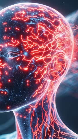 Vertical video of pulsing neural energy in digital head with red veins and blue sparks