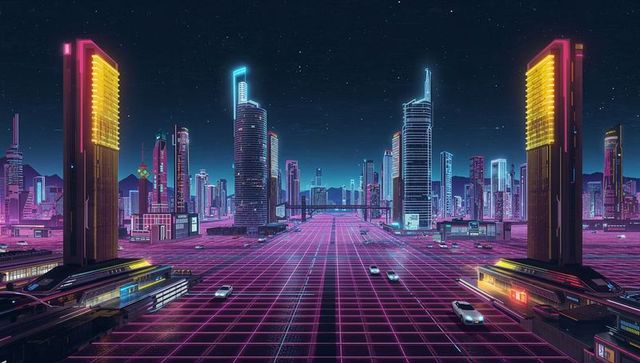 Neon magenta grid guiding cars toward twin yellow-lit towers in cyberpunk night