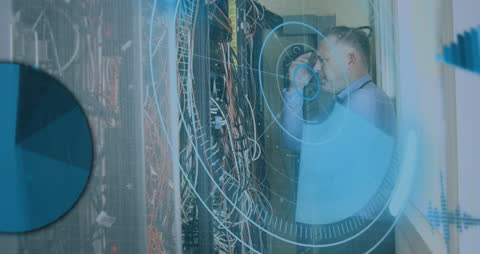 IT Professional Analyzing Data Servers with Digital Interface