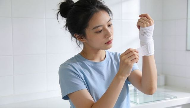Woman adjusting white wrist brace in bright bathroom for home rehabilitation