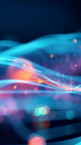 Rippling Neon Wave Grid with Floating Orange Particles, Futuristic Vertical Tech Motion