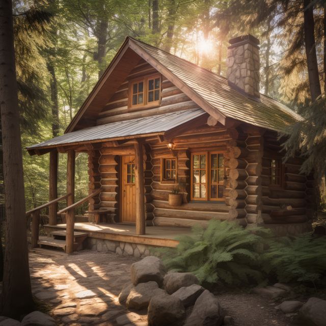 Wooden cabin in forest with sun rays, created using generative ai technology. Cabin, nature, vacation and forest concept digitally generated image.