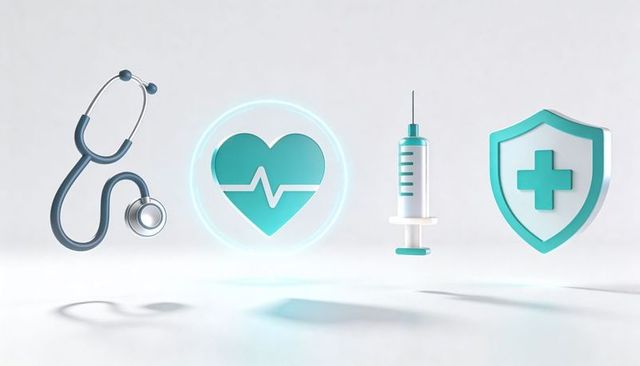 Floating minimalist medical icons: heartbeat stethoscope syringe shield for healthcare