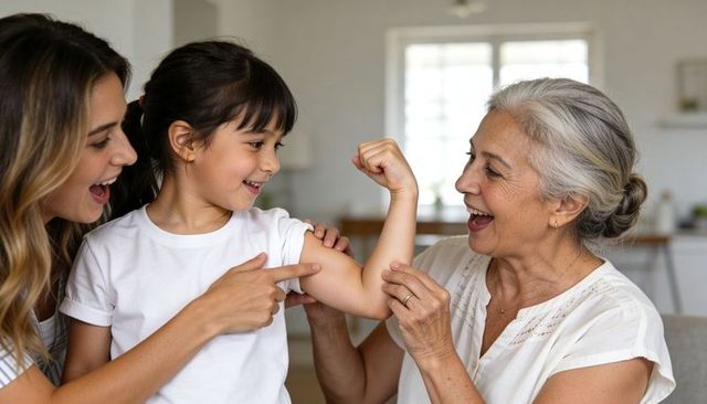 Grandmother and mother encouraging child flexing arm, playful multigenerational warmth