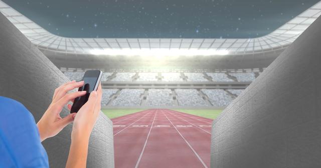 This digital composite shows a woman using her smartphone at the entrance of an athletics track stadium during a bright evening event. Suitable for themes related to sports events, stadium experiences, modern technology in sports, event planning, and combining athletics with digital devices. Ideal for illustrating stories about sports, event updates, or fan engagement.
