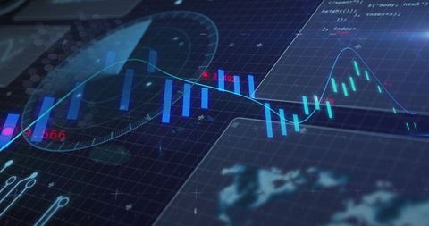Futuristic trading dashboard with neon candlesticks, holographic analytics and trend lines