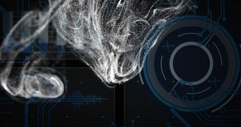Swirling white particle vortex over futuristic digital hud circuit grid with neon blue