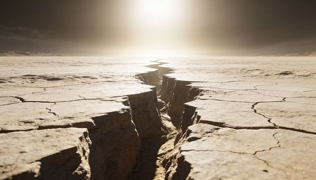 Central fissure cutting across cracked saltflat toward blinding sunlight, desert chasm