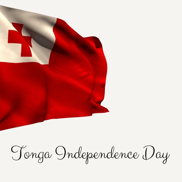 Image shows the flag of Tonga waving against a white background with text 'Tonga Independence Day'. Suitable for use in articles, educational materials, social media graphics, and promotional materials celebrating Tonga's national holiday.