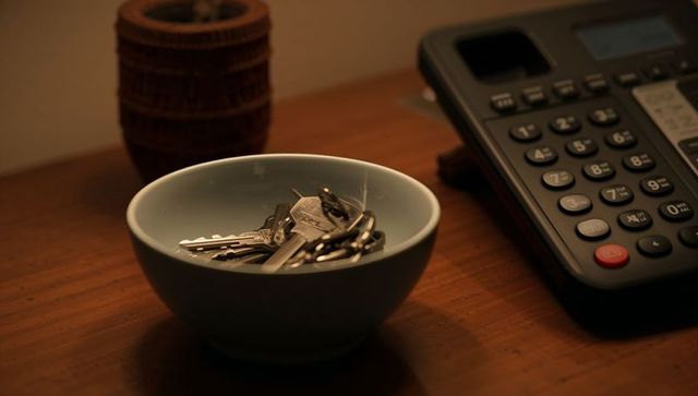 Keys resting in ceramic bowl beside landline on wooden table with warm ambient lighting