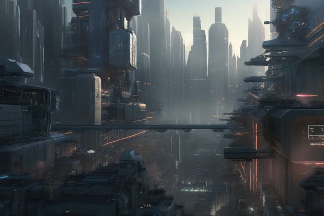 Skyscrapers in smog in cityscape, created using generative ai technology. Sci fi, cyberpunk, fantasy architecture and futuristic city concept digitally generated image.