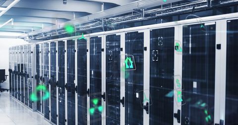 Futuristic Icons Overlay on Data Server Room Networking Technology - Download Free Stock Images Pikwizard.com