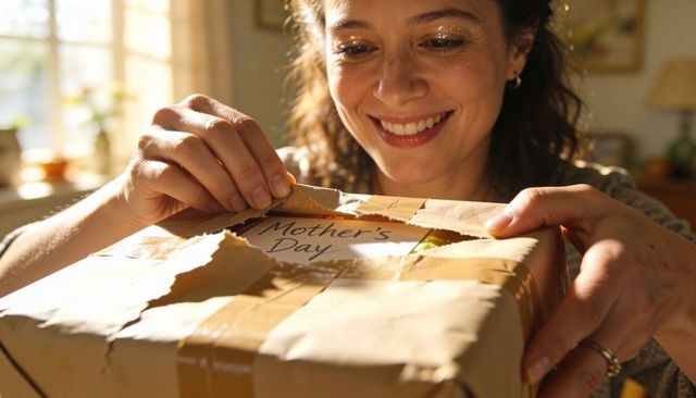 Smiling woman unwrapping mother's day gift at sunlit kitchen table, joyful morning