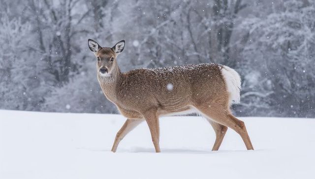 Whitetail doe standing in snowy field with falling snow and frosted forest background