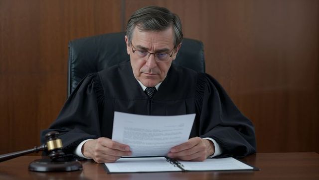 Male judge reading legal documents at bench with gavel and binder