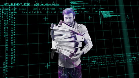 Overworked Office Employee with Files Digital Interface Background