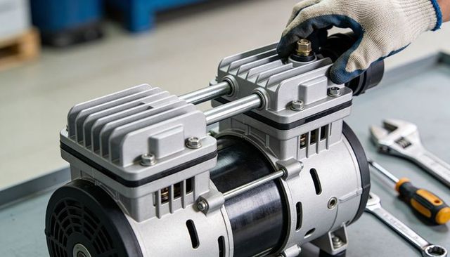 Tightening gloved hand adjusting twin-cylinder compressor pump on workbench with tools
