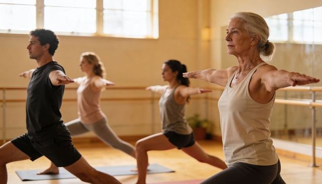 Senior woman practicing warrior pose in group yoga class building balance and strength