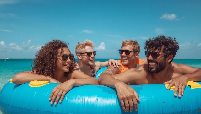 Laughing friends relaxing on blue inflatable tube in turquoise ocean wearing sunglasses