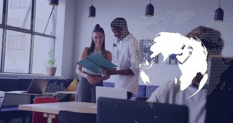 Teamwork and Innovation in Modern Office with Digital World Map