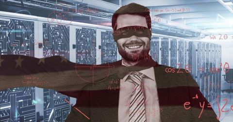 Man in Suit Standing with Mathematical Formulas Overlay