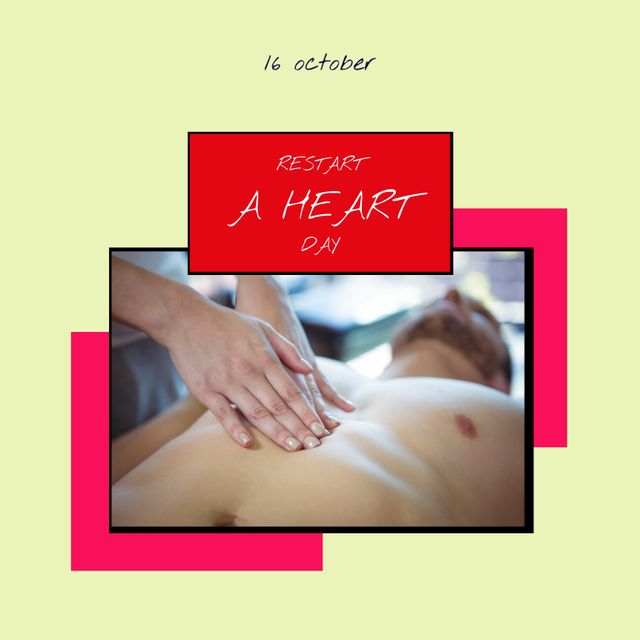 Composition of 16 october and restart a heart day texts with people doing cpr on green background. Restart a heart day and celebration concept digitally generated image.