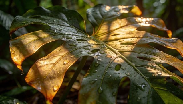 Sunlit monstera leaf showing dew drops and single hanging droplet