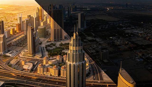 Dominating tiered spire tower casting long shadows over downtown curved highways at sunset