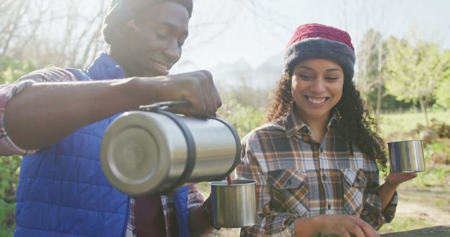 Couple Enjoying Coffee Outdoors Smiling and Relaxing in Nature - Download Free Stock Images Pikwizard.com