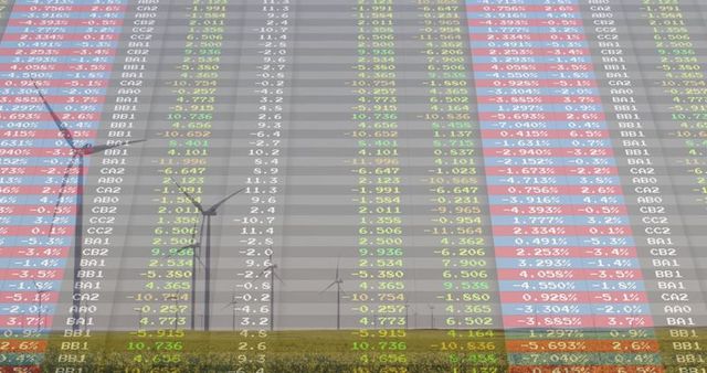 Translucent financial data overlay on wind farm landscape