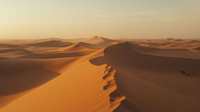 Sunlit sand dune ridge stretching across golden desert horizon with wind-sculpted ripples