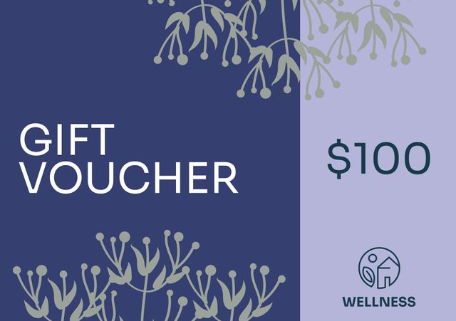 This image features a $100 wellness gift voucher with a serene botanical design incorporating gentle leaf motifs against a calming background. Ideal for use in wellness centers, spas, massage parlors, nature-themed gift giving, and health and beauty outlets, it is perfect to market holiday gifts, promotions, and special events.