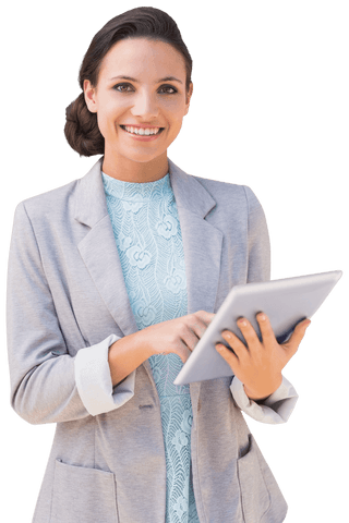 Positive Businesswoman Using Tablet on Transparent Background