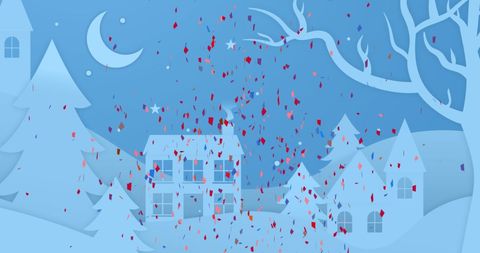 Festive Confetti Falling on Winter Village during Christmas