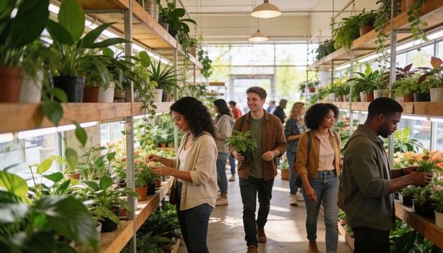 Young adults shopping for houseplants and holding plants in sunny urban plant nursery