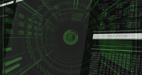 Pulsing Central Node Radiating Concentric Rings in Cyber Tunnel with File Encryption HUD