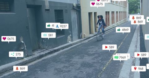 African American Woman Riding Bike Analyzing Online Interactions