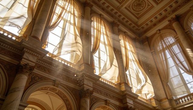 Billowing sheer curtains casting golden sunlight across neoclassical grand hall interior