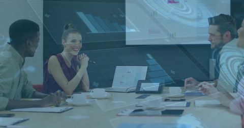 Diverse Team Brainstorming in Modern Office with Digital Infographic Overlay - Download Free Stock Images Pikwizard.com