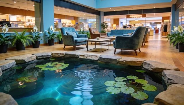 Rippling stone-edged pond with lily pads and teal lounge seating in mall atrium