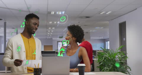 Diverse Business Colleagues Discussing Work with Digital Icons Overlay