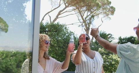 Diverse Friends Toasting with Drinks Outdoors in Sunny Weather