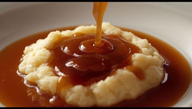 Brown gravy cascading over creamy mashed potatoes in dish