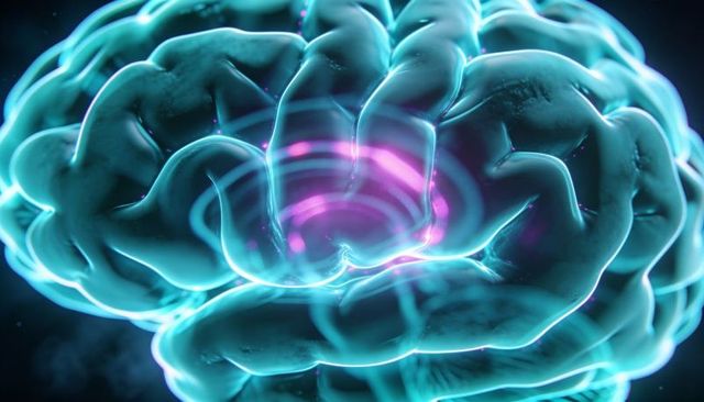 Luminescent 3D Brain Render Emitting Pulsing Magenta Rings with Cyan Rim Lighting