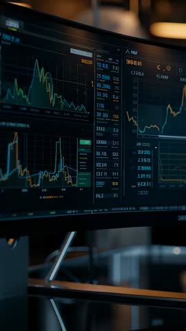 Vertical video showing curved monitor plotting live financial graphs and market trends