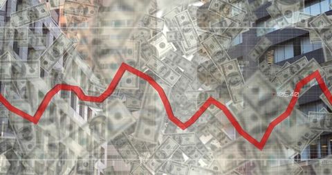 Volatile market trend line over urban financial district with floating dollar bills