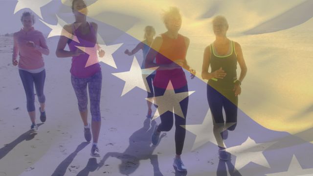 A group of diverse women exercising and running along a scenic beach while a translucent flag of Bosnia and Herzegovina dominates the scene. This visual combines the themes of unity, patriotism, and fitness, highlighting sports as a unifying force. Useful for articles or advertisements focusing on women's health, fitness, cultural events promoting unity through sports, and the idea of a cohesive, dynamic community.